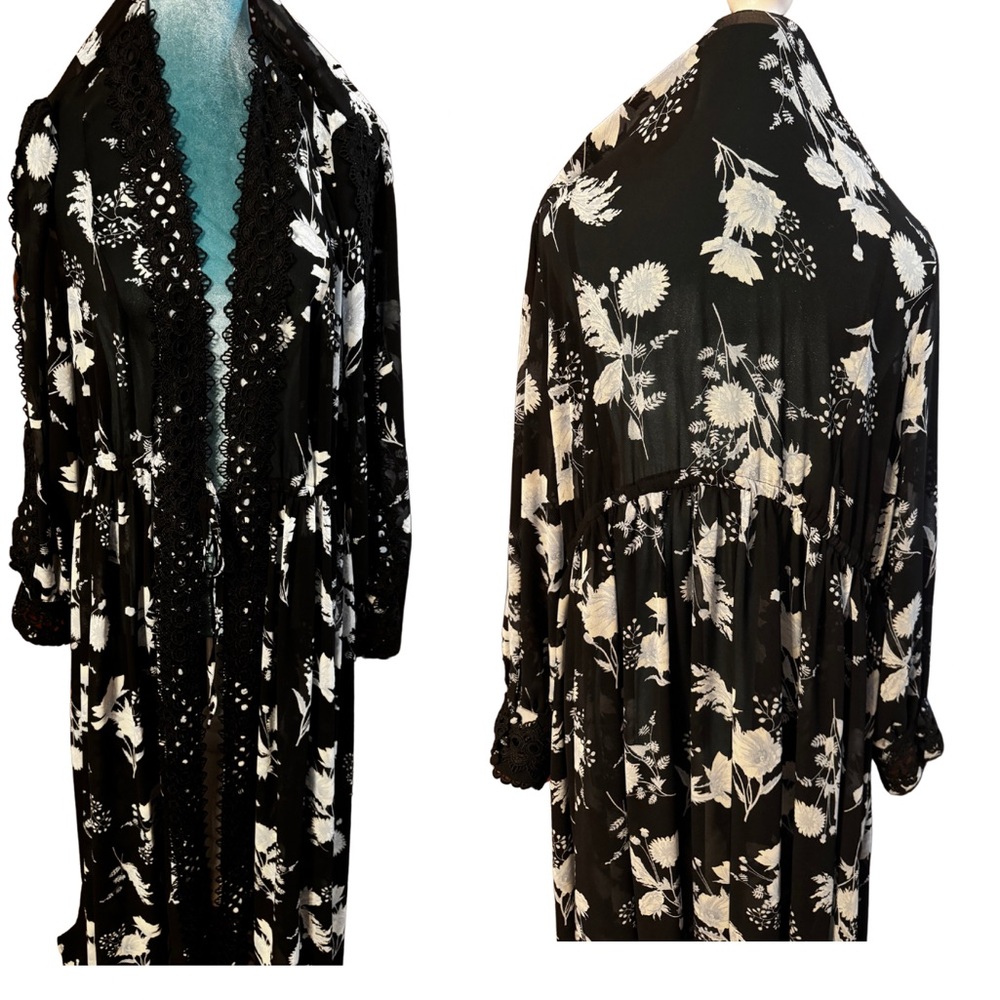 Torrid Chiffon Tie Front Maxi Kimono Plus Size 3X Blue Floral Black Appliqué